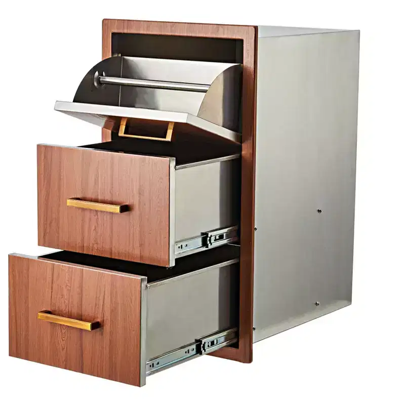 Triple Flush Mount Outdoor Kitchen Drawers with Stainless Steel Handle - Integrated Paper Towel Holder for BBQ Island & Patio Grill Station