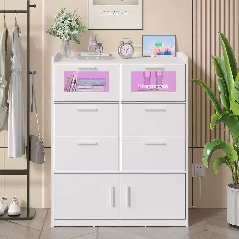 VECELO White Dresser Tall Modern Makeup Vanity Table with LED Lights & Charging Station