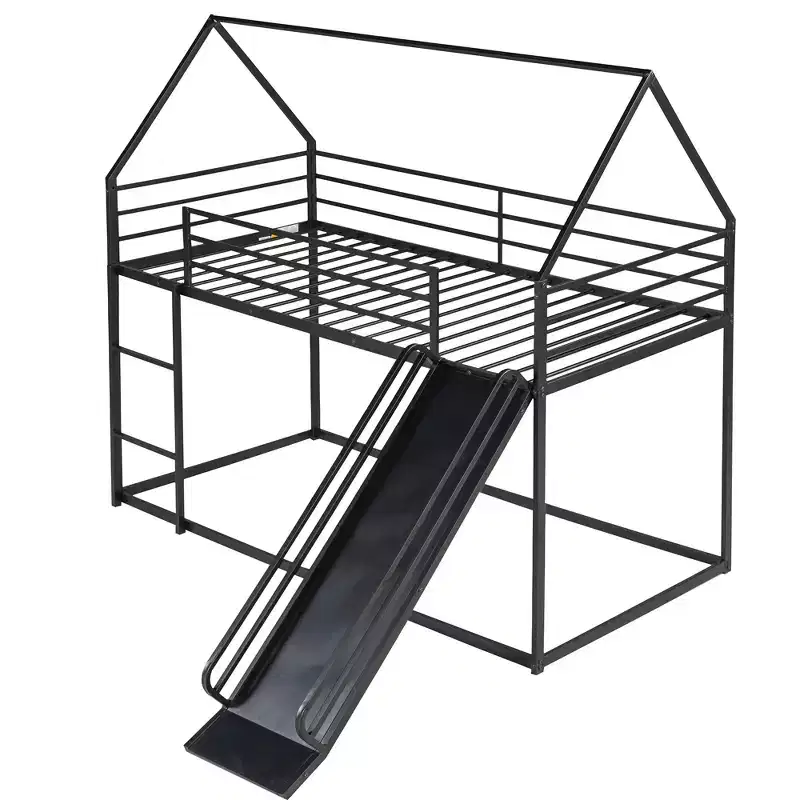 Twin over Twin Metal House Bunk Bed with Convertible Slide and Ladder
