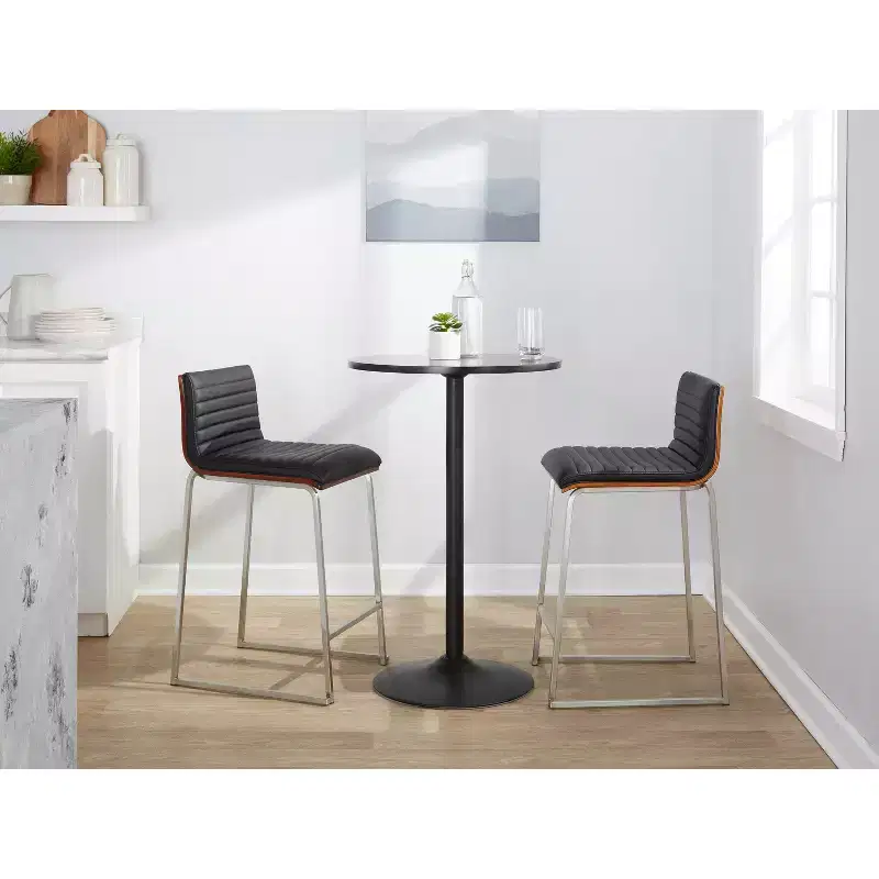 Counter Height Barstools Set of 2 Walnut Wood Back Black Faux Leather Stainless Steel