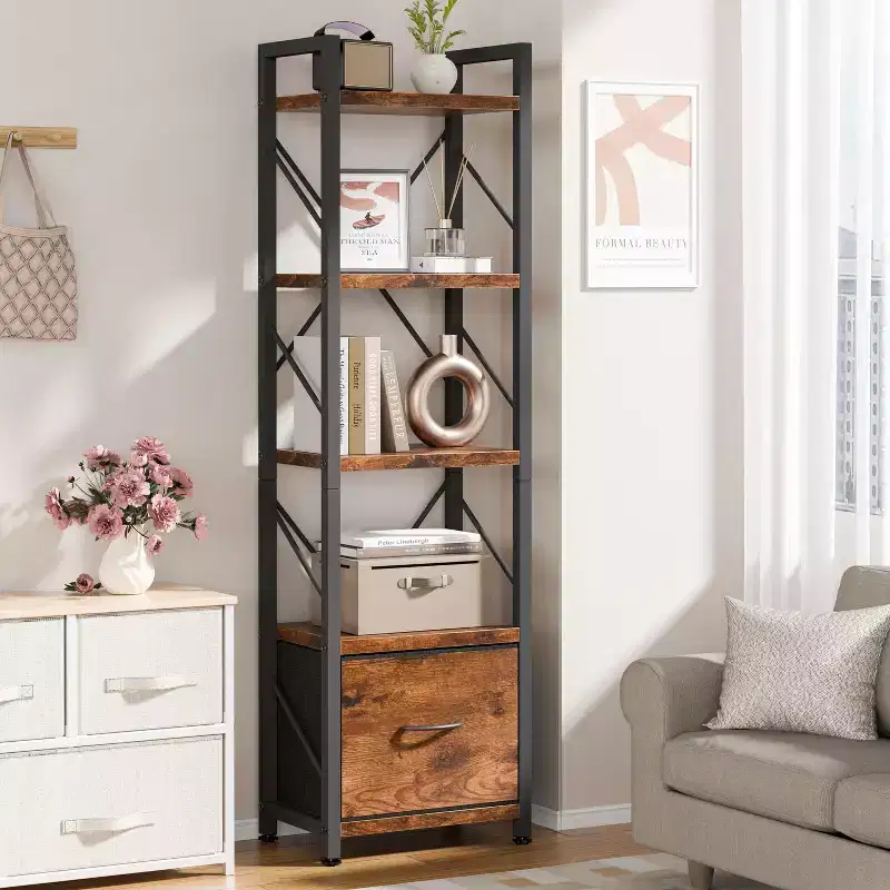 5 Tier Bookcase with Drawer, Modern Tall Storage Organizer, Industrial Book Shelves for Bedroom, Living Room, Office, Rustic Brown