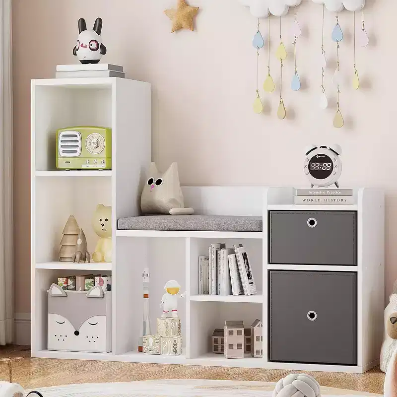 Acekool Wooden Kids Bookshelf, 5-Cubby Playhouse Bookcase with Storage Boxes, Organizer Shelf for Nursery Playroom Bedroom, White