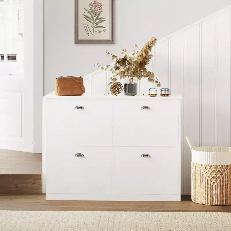 Shoe Cabinet Hidden Slim Narrow Shoe Rack Cabinet with 4 Drawers for Hallway White