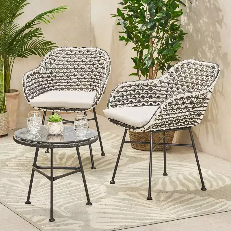 Beulah 3pc Patio Wicker Chat Set: Christopher Knight Home, Rattan Design, Tempered Glass Table