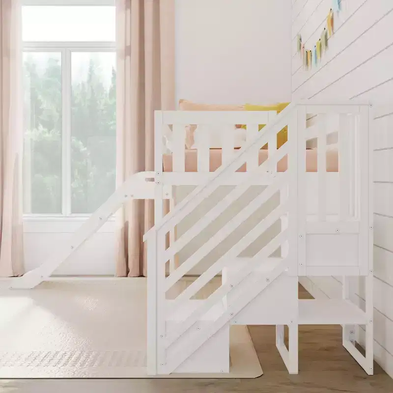 Kids Twin Low Loft Bed with Slide & Stairs, Solid Wood, 14