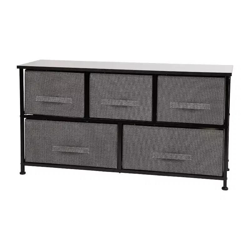 5-Drawer Storage Chest with Wood Top and Dark Fabric Pull Drawers