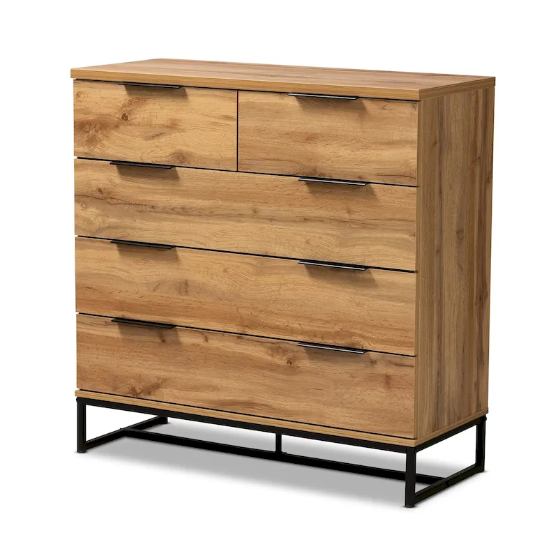 Oak Wood and Black Metal 5-drawer Bedroom Chest