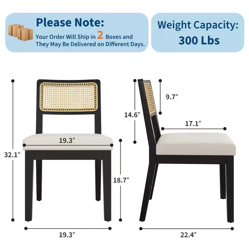 2-Pack French Country Dining Chairs  Armless Wood Frame Rattan Backrest Chairs, Comfortable Upholstered Seating for Kitchen, Restaurant, or Home Din