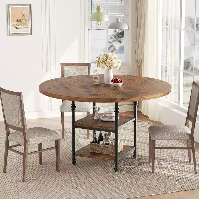 47 Round Dining Table for 4-6, Modern Wooden Kitchen Table with Storage Shelves & Roman Metal Legs, Table Only, for Dining Room