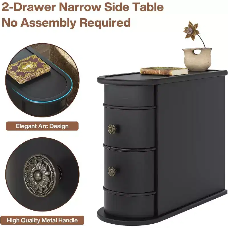 Slim 2-Drawer Wood End Table Narrow Nightstand Chairside Table No Assembly Required