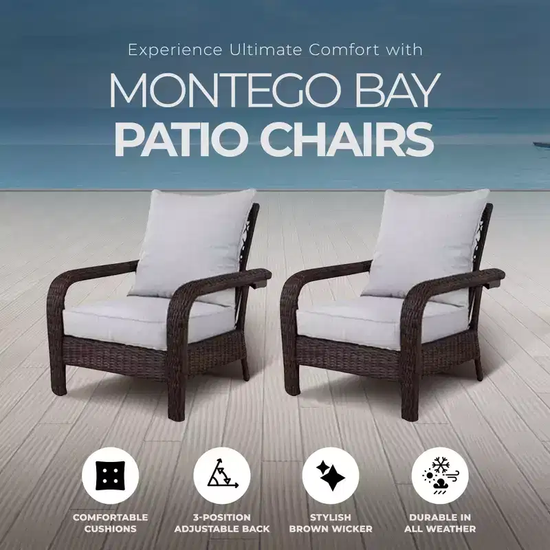 Four Seasons Courtyard Montego Bay Seating Furniture Set with 2 Adjustable All Weather Patio Outdoor Cushioned Chairs for Decks and Porches, Brown