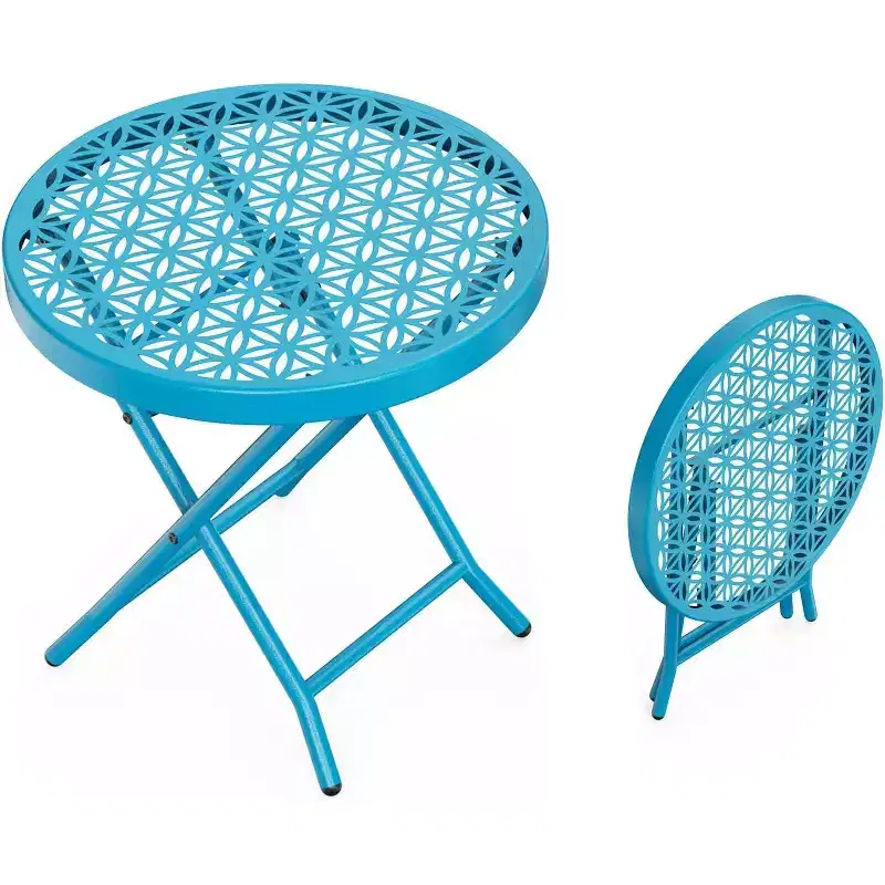 VINGLI Patio Folding Side Table, Small Outdoor Table with Everlasting Floral Pattern and Sturdy X-Shaped Metal Frame Ideal,Blue, 1 Pack