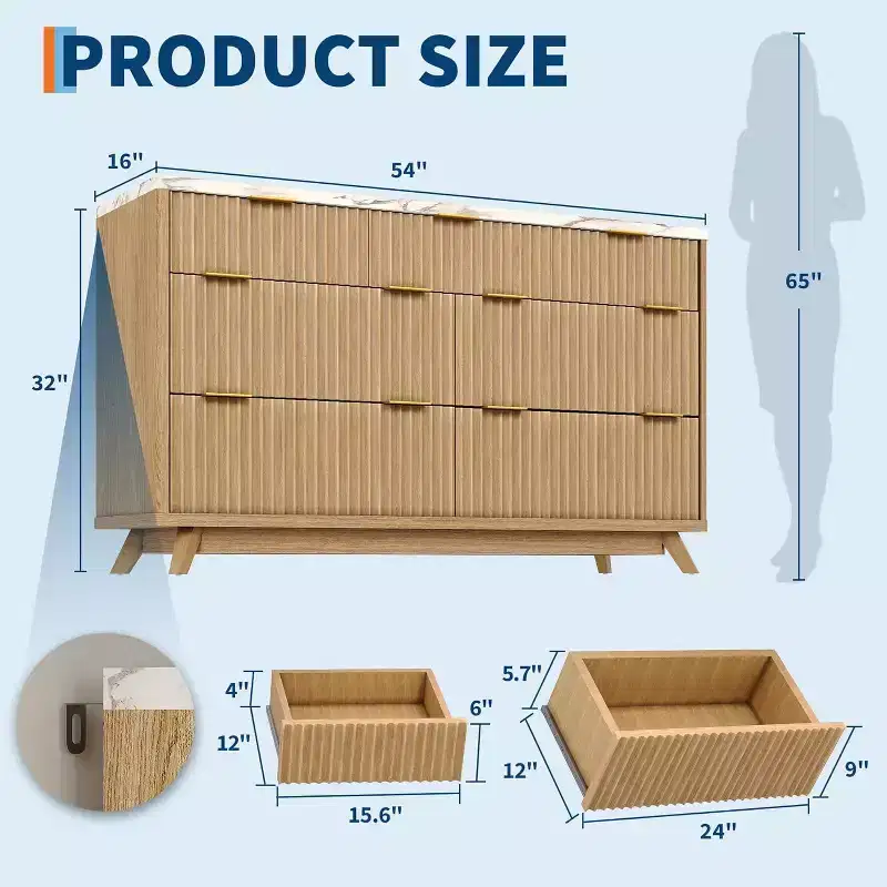 Modern Fluted Dresser with 7 Drawers, Mid-Century Storage Cabinet, Wood Storage Cabinet Organizer for Bedroom, Living Room