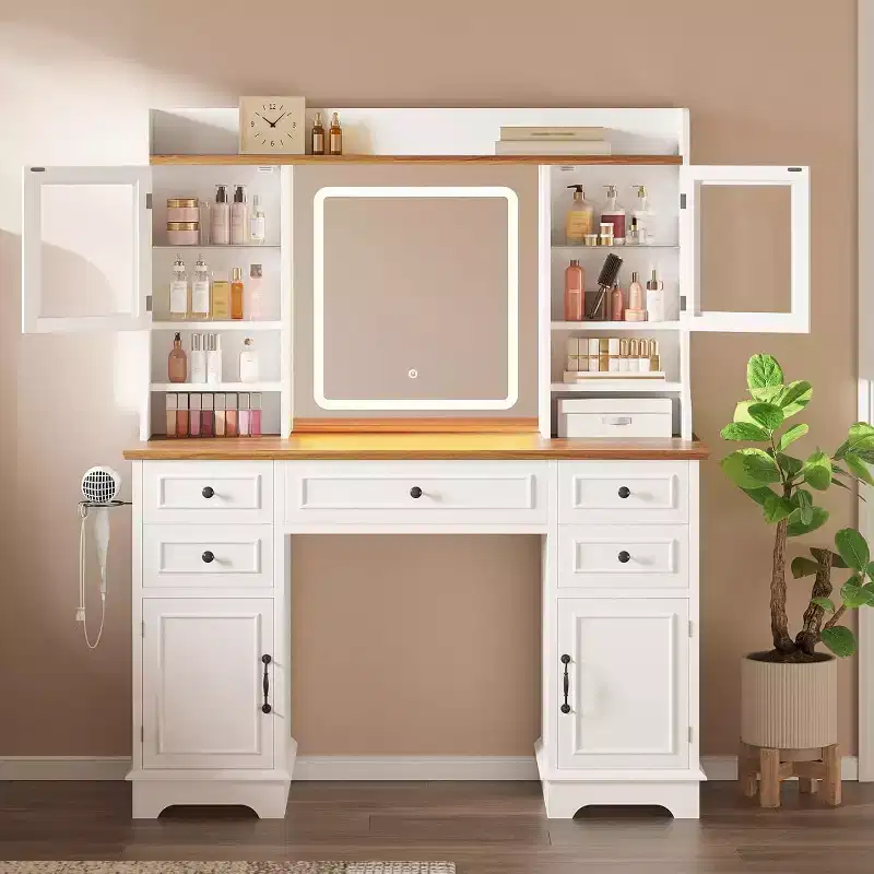 Acekool White Vanity Desk with Mirror, Adjustable Light, Drawers and Charging Ports for Bedroom or Dressing Room