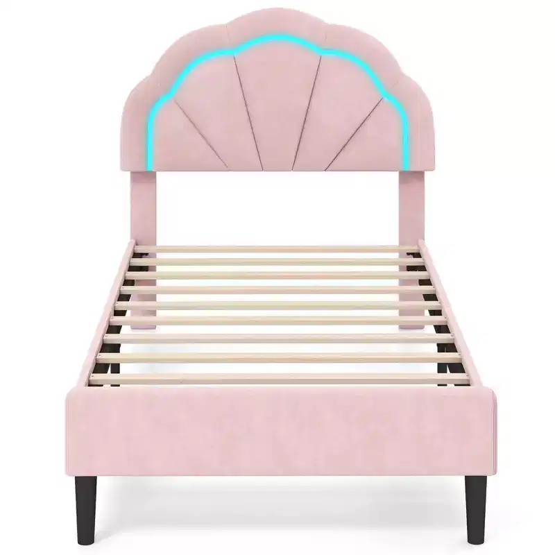 Upholstered LED Platform Bed – Velvet Flower Headboard, Twin/Full/Queen