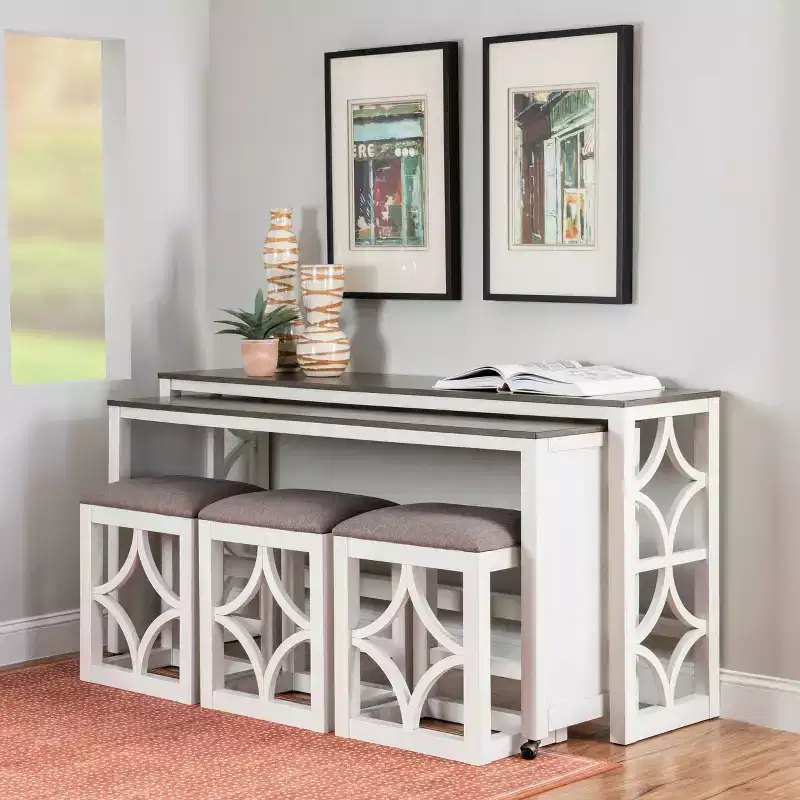 Powell Adams Solid Wood Rolling Console Dining Set with 3 Beige Upholstered Padded Seat Stools White: Rectangle Table, Nesting, Non-Extension