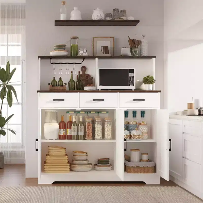 Farmhouse Sideboard Buffet with Microwave Stand, Barn Doors Buffet Storage Cabinet with Drawers and Shelves, Wood Coffee Bar Cabinet