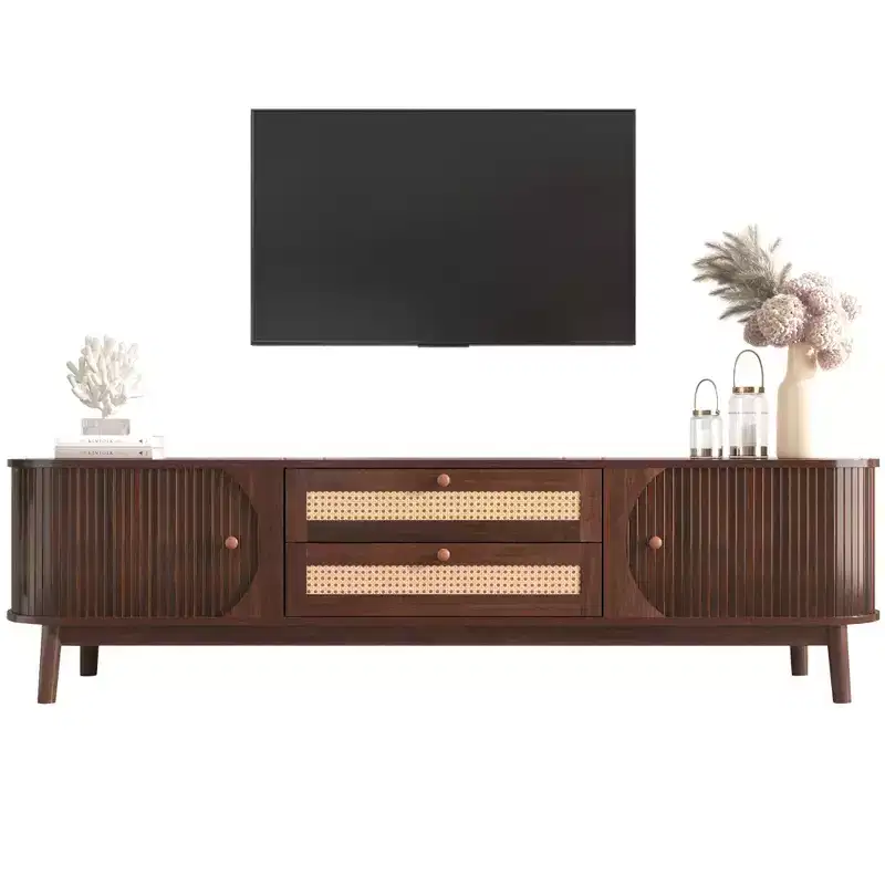 TV Stand with Rattan Drawers and Fluted Doors for Living Room, Walnut