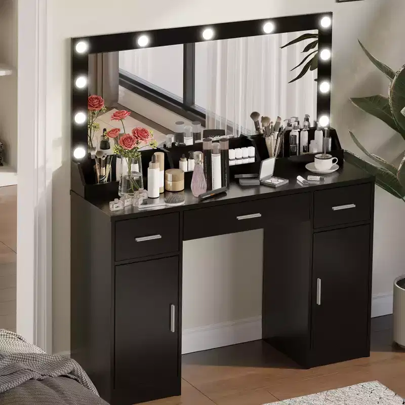 Modern 47 Wooden Vanity Desk with Mirror, 3 Lighting Modes and 3 Drawers