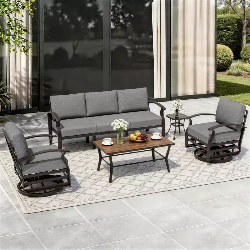 ALAULM 5-Seat Aluminum Patio Furniture Sofa Set, Outdoor Furniture Set w/5Swivel Rocking Chair&DPC Metal Coffee Table, Outdoor Conversation Set
