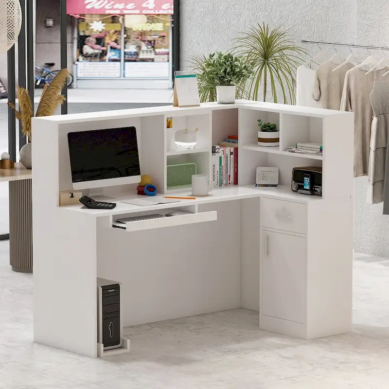 Modern Reception Desk L-Shaped White Front Counter Table by Timechee