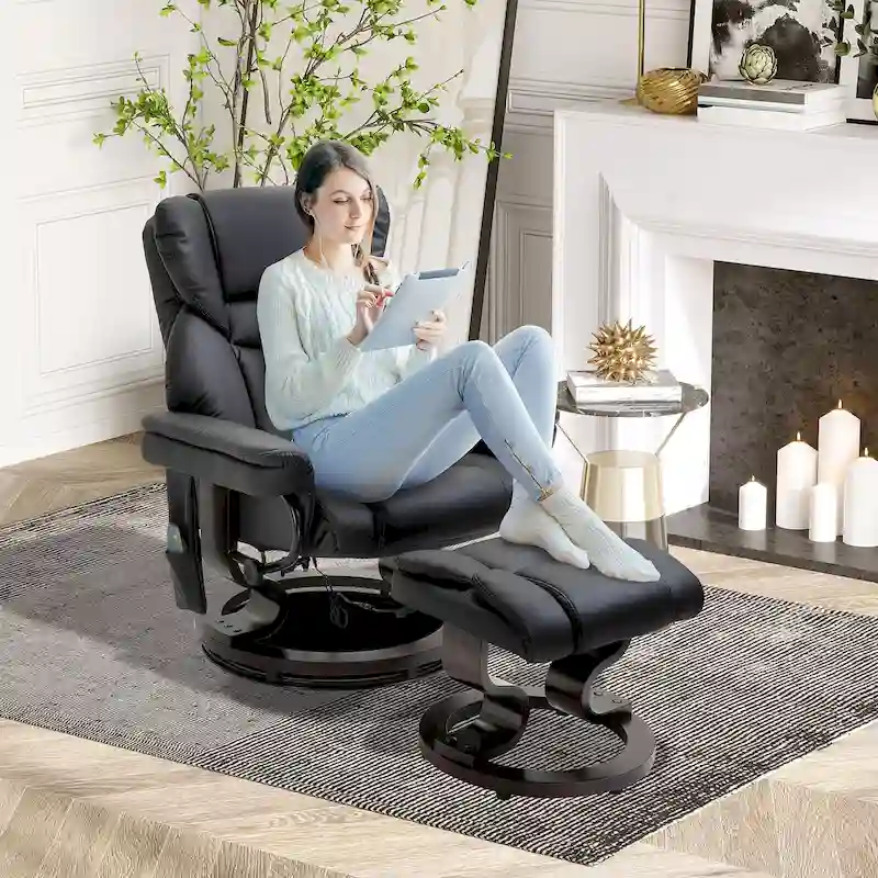 Black Faux Leather 360 Swivel Manual Recliner Set with Ottoman, 10 Vibration Massage Points, Side Pocket
