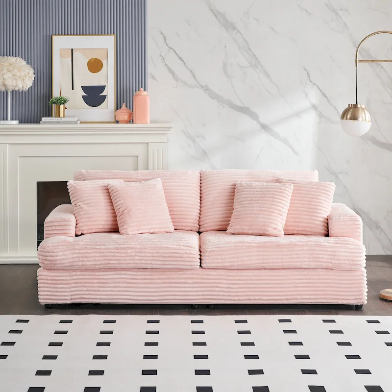 3-Seat Corduroy Sofa with Spring Cushions and 4 Toss Pillows – Pink / Gray / White, 3-Person Use