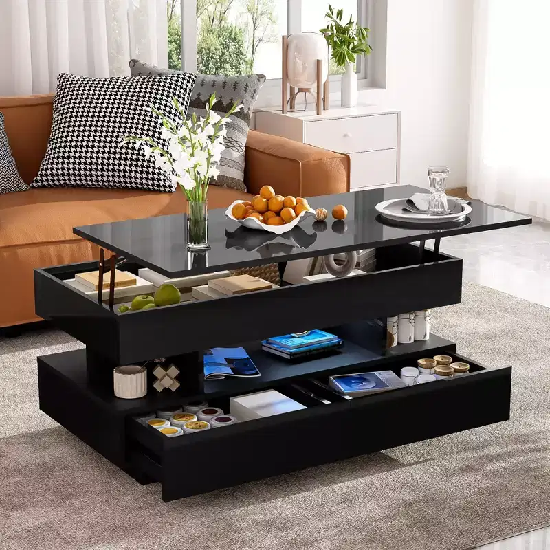 Bestier Lift Top Coffee Table with Storage, Modern LED Lighted Coffee Table with Hidden Compartment, 2 Drawers and Open Shelf for Living Room