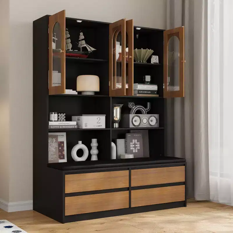 Hitow Bookcase with Cushioned Bench Glass-Door Display Bookcase Cabinet Storage Bookcase with Drawers Arch Glass Doors Entryway Shoe Storage