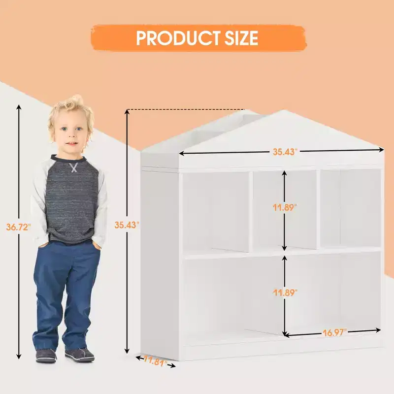 CuisinSmart Toy Storage Organizer 5-Cubby Kids Bookshelf, White Wooden Bookcase with Roof Design, Toy Storage Shelf for Playroom, Nursery, Kids Room