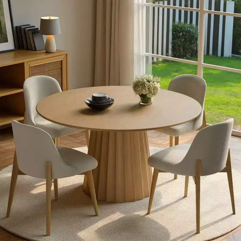 PexFix 46 Modern Round Dining Table Set with 8 Upholstered Chairs Natural Textured Wood Top Pleated Pedestal Base Beige Seats for Kitchen Dining Room