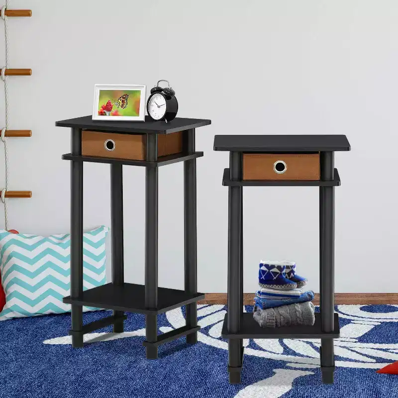 2PCS 3-Tier Industrial Tall Nightstand End Table Sofa Side Telephone Table w/removable drawer&Open Storage Shelf,Espresso/Brown