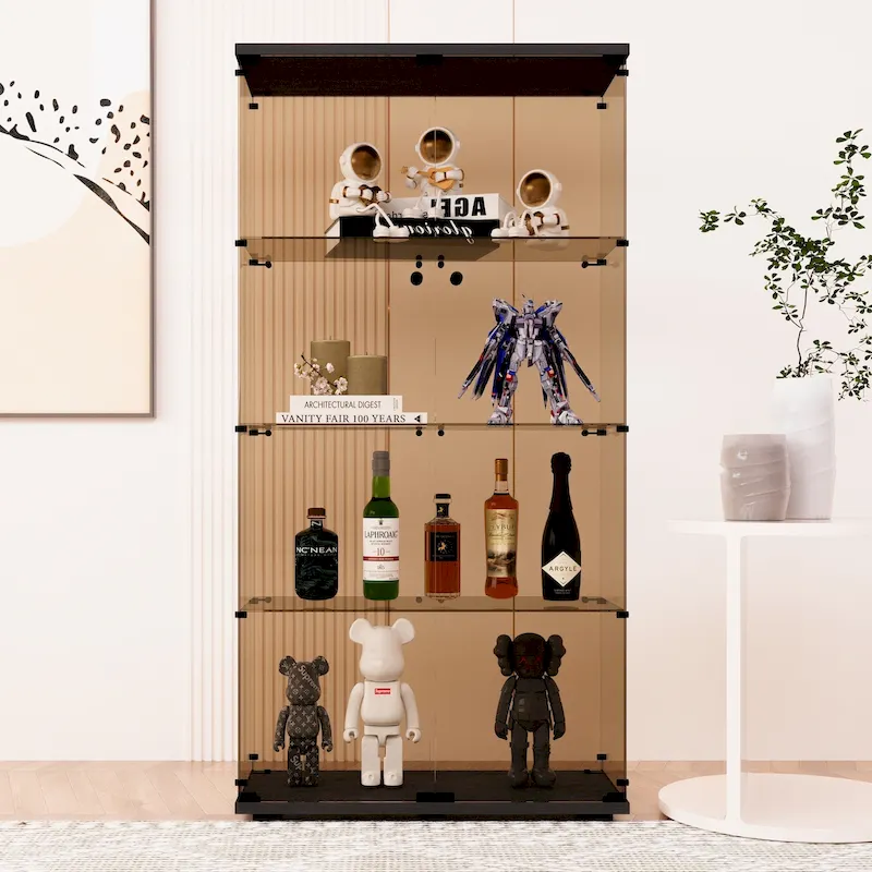 Two-door Tawny Glass Display Cabinet 4 Shelves with Door, Floor Standing Curio Bookshelf