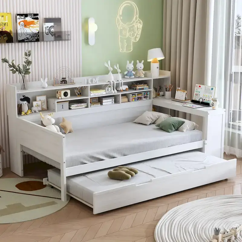 Twin Daybed with Shelves, Trundle & Desk