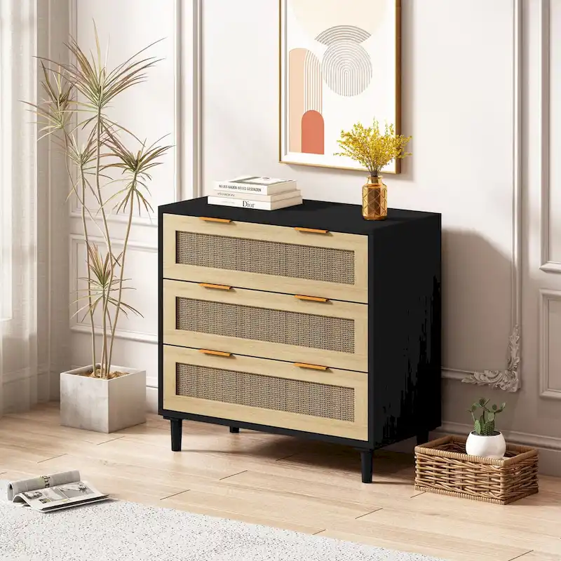 3-Drawer Rattan Storage Cabinet for Bedroom, Living Room & Dining Room