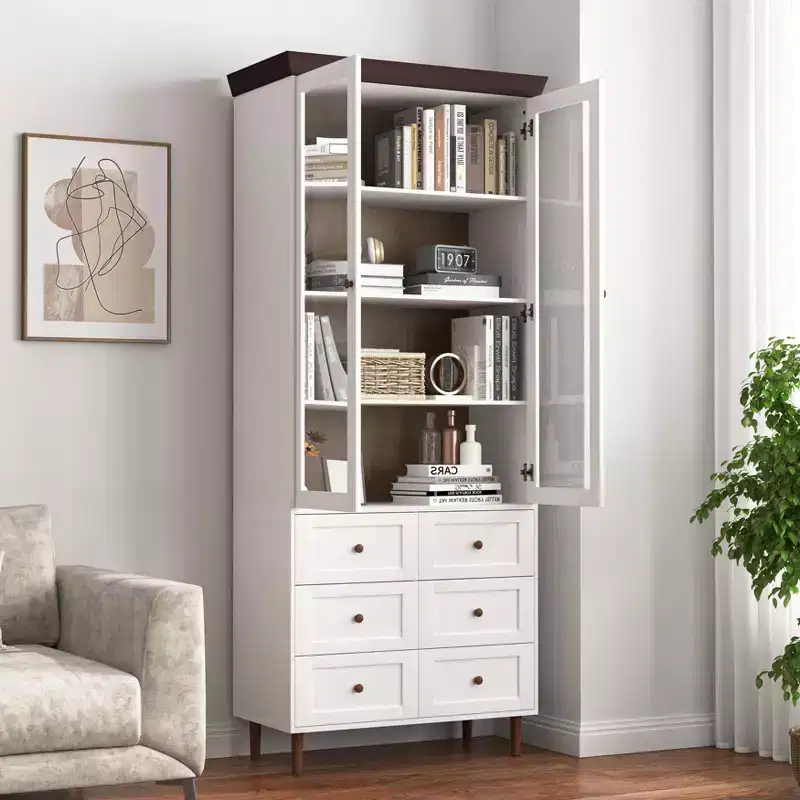 Storage Cabinet, White MDF Display with Glass Doors, Adjustable Shelves, Freestanding Cupboard for Kitchen Living Room