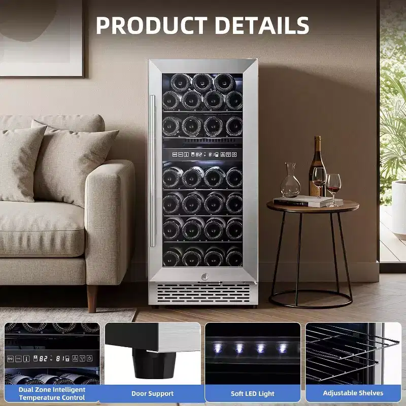 15 Inch Cooler Refrigerator,27 Bottles Dual Zone Freestanding cooler with Stainless Steel Double-Layer Tempered Glass Door,3.1cu.ft