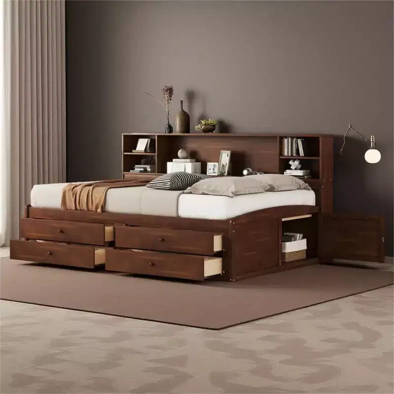 Full Size Wooden Captain Bed with Drawers, Shelves & Side Cabinets