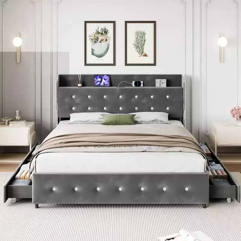 Queen Size Platform Bed Frame with Storage Drawers and Upholstered Headboard