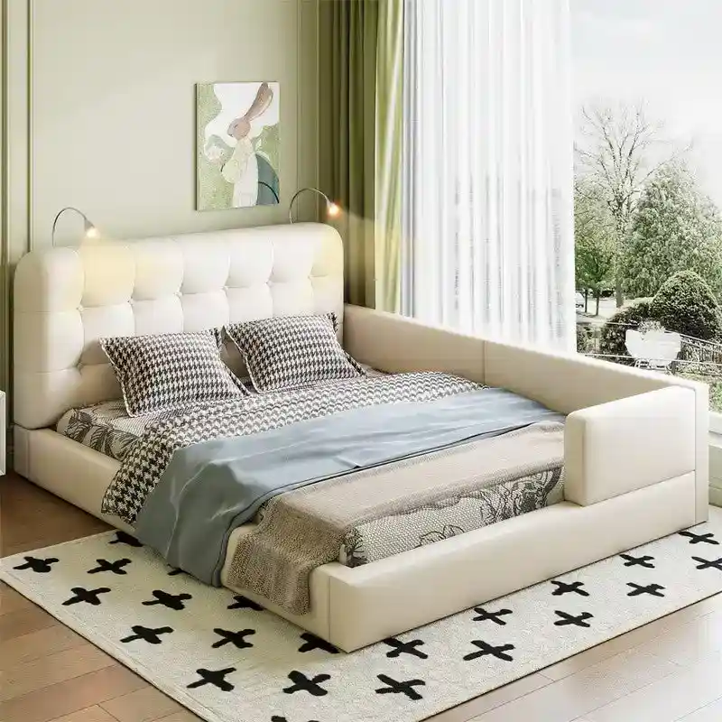 Upholstered Platform Bed with 2 Bulit-in Reading Lights, Queen Size PU Bed Frame Floor Bed with Button Tufted Design Headboard