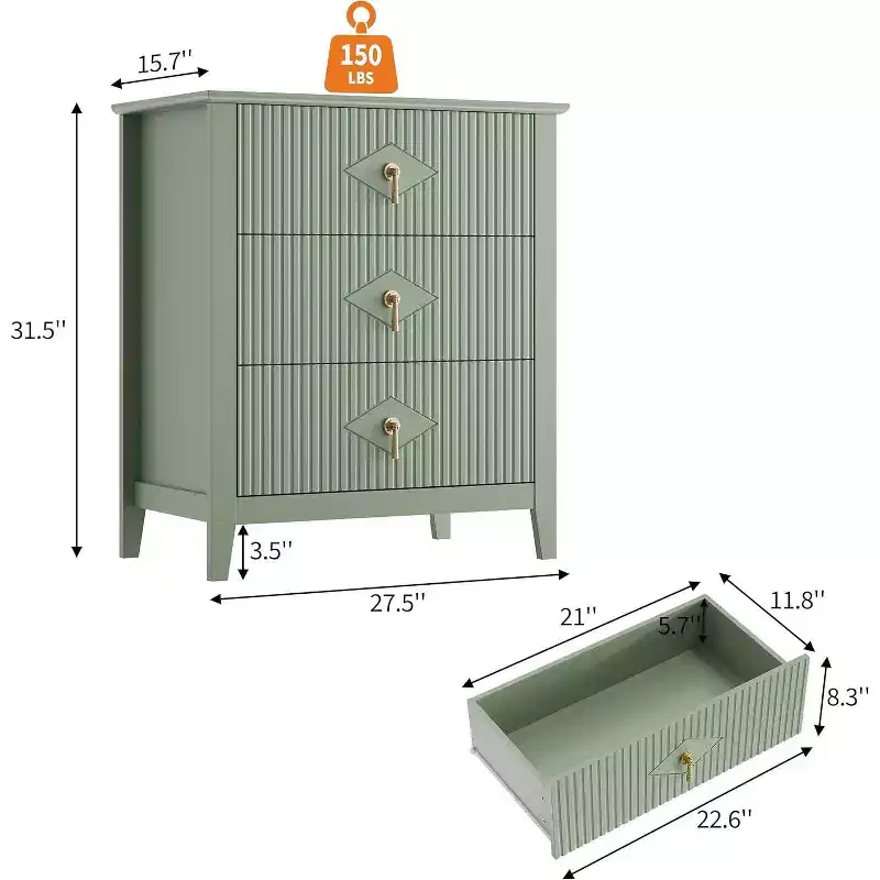 27.6 3-Drawer Fluted Dresser, Wide Storage Organizer Cabinet, Entryway & Bedroom
