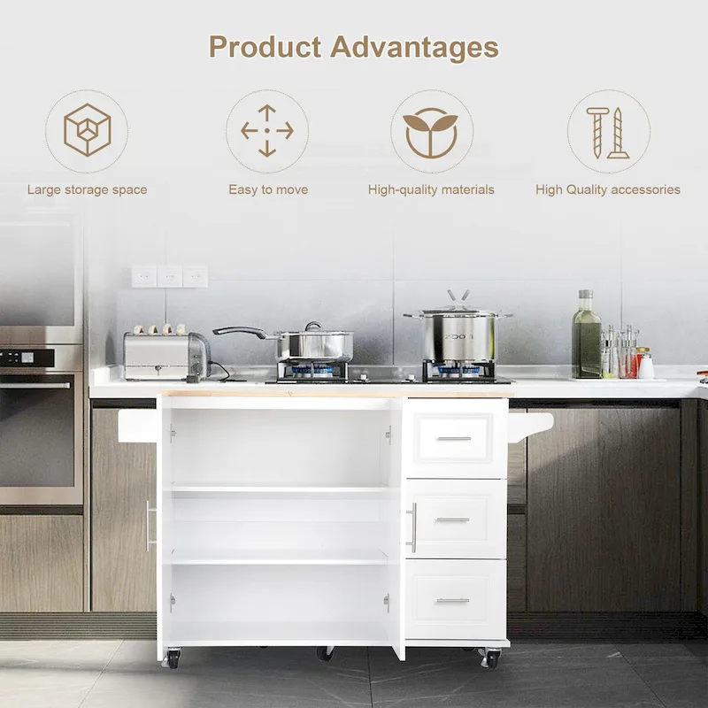 Mobile Kitchen Island & Kitchen Cart,With Extendable Rubber Wood Top and 3 Drawers - 53.93(L) x 17(W) x 36.22(H