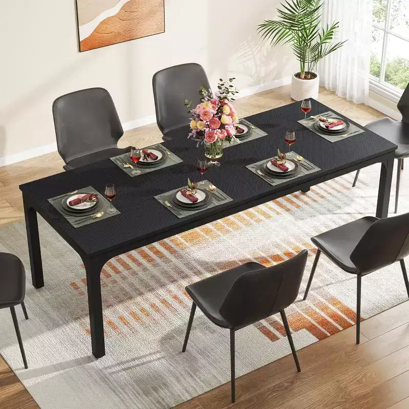 Farmhouse Wood Rectangle Dining Table, Seats 6, Long Modern Kitchen Table for Dining Room, Breakfast Nook