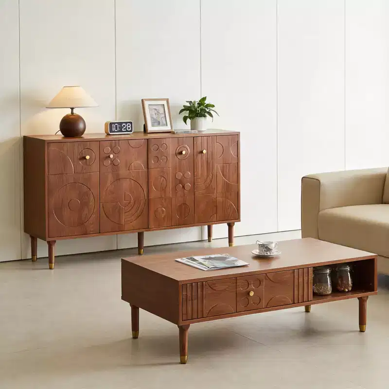JVNOXK 47.2-inch Vintage Art Deco Style Living Room Side Table Coffee Table, Mid-Century Geometric Carved Drawer Center Table,Home Decor Piece,Walnut