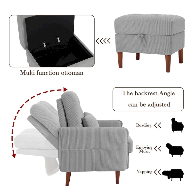 UIXE Modern Lounge Chair Accent Chair and Stroage Ottoman With Adjustable Backrest