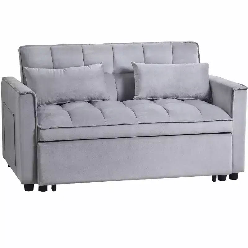 Convertible Modern Pull Out Couch Sleeper Loveseat Velvet Bed Adjustable Backrest with Pillows Pockets for Living Room Gray