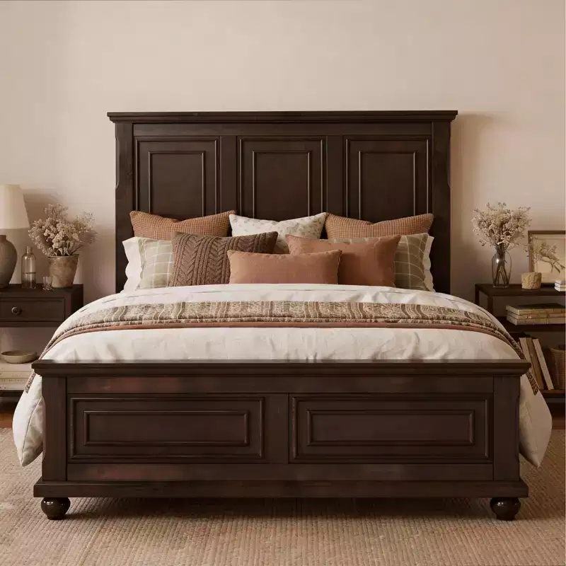 Queen/King Size Platform Bed with Tall Headboard, Vintage Pinewood Bed Frame, Traditional Style - ModernLuxe