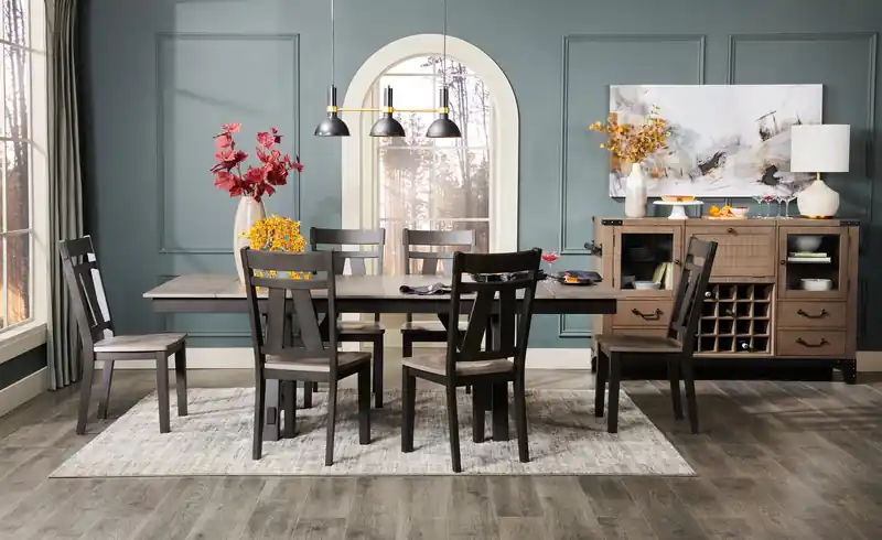 Dining Table with 66-94W Extension, Melamine, Trestle Base