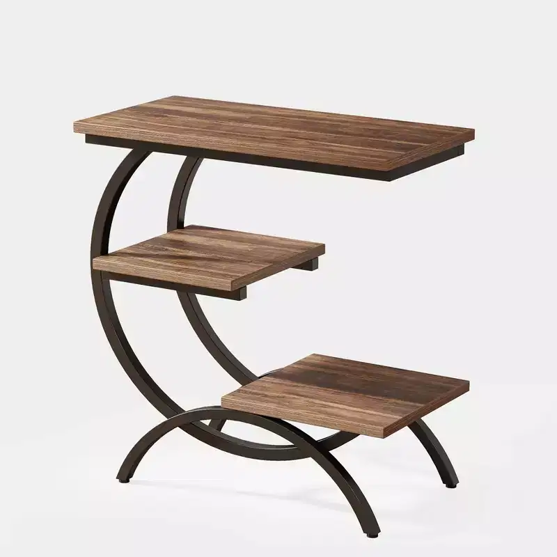 Industrial 3-Tier C-Shaped Side End Table for Living Room
