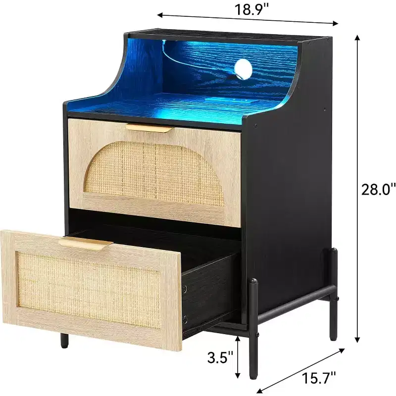 Rattan Nightstand with Charging Station & LED Lights, 2 Drawer Bedside Table for Bedroom, Living Room, Black